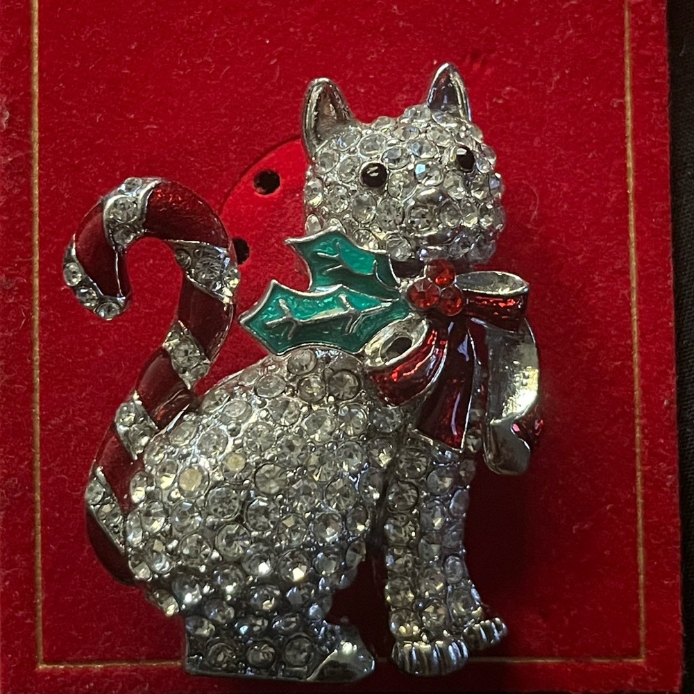 Madison Tyler Christmas Cat Pins Brooch | Candy Cane Tail Cat Rhinestone Pin